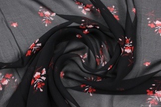 Шифон набивной цветочный красные цветы на черном