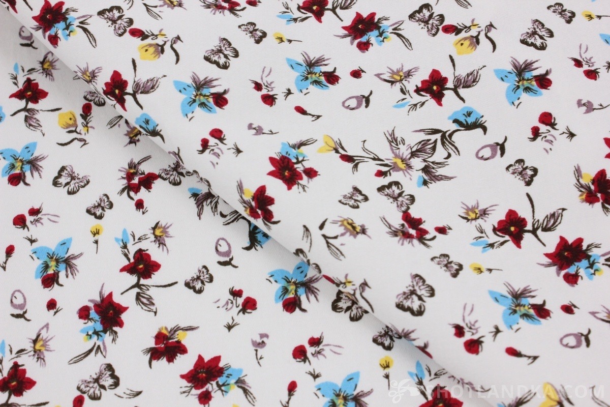 Хлопковый сатин-стреч цветочная фантазия на белом